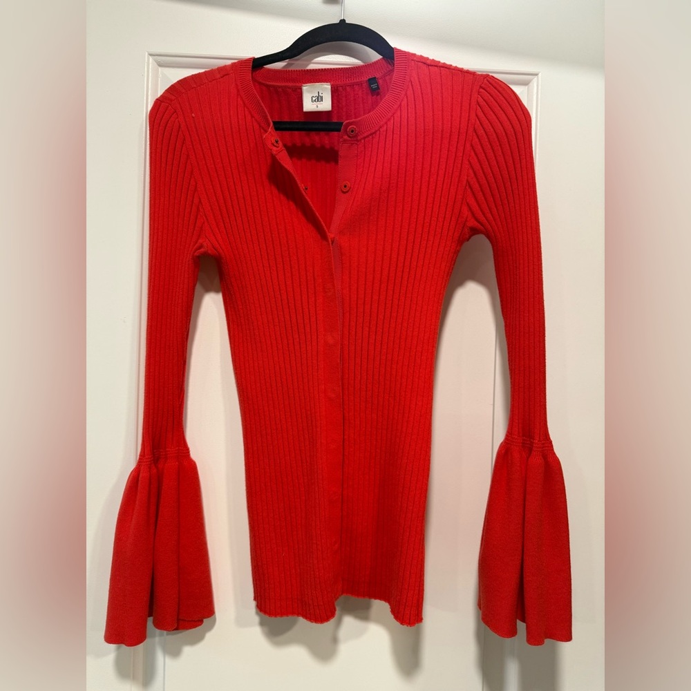CAbi Trumpet Red Ribbed Bell Sleeve Cardigan Small